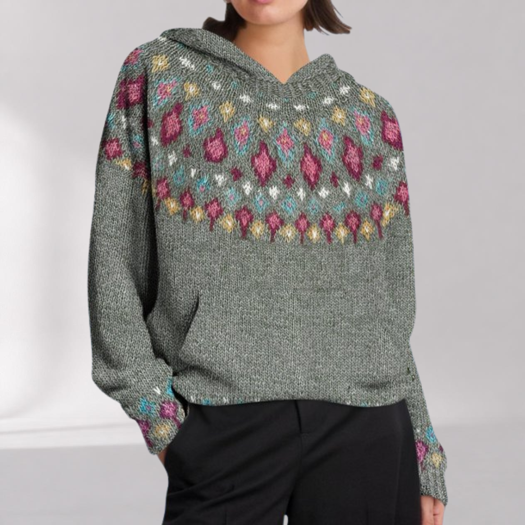 Felpa con cappuccio da donna con motivo nordico - taglio casual con tasca a marsupio