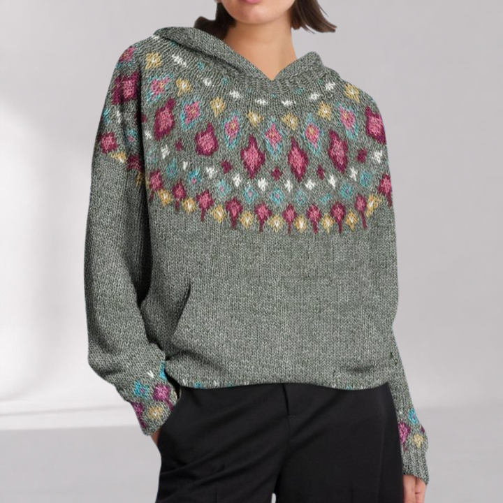 Felpa con cappuccio da donna con motivo nordico - taglio casual con tasca a marsupio