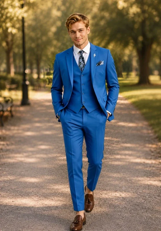 Costume Trois Pièces Homme Coupe Slim avec Col Notch et Gilet Cinq Boutons