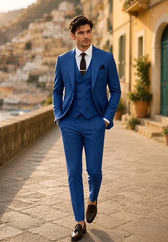 Costume Trois Pièces Homme Coupe Slim avec Col Peak et Gilet Croisé
