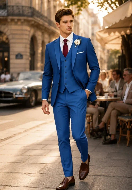Costume Trois Pièces Homme Cintré avec Gilet et Pantalon Assortis