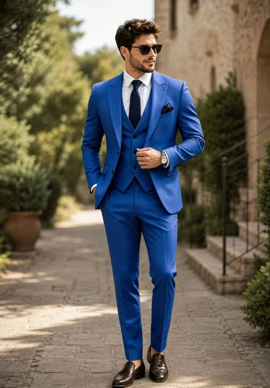 Heren driedelig pak met slim fit, met contrasterende revers en een gilet met knopen