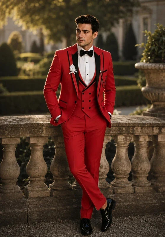 Costume Trois Pièces Homme Coupe Slim avec Col Peak et Gilet Croisé