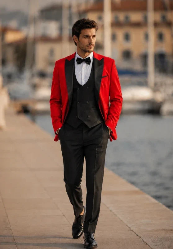 Costume Trois Pièces Homme Coupe Classique avec Col Contrastant et Gilet Boutonné