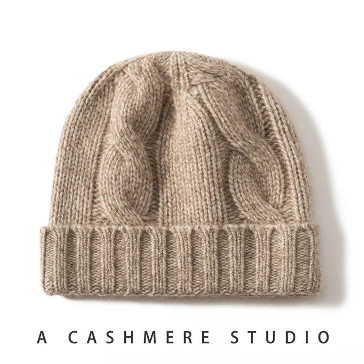 Bonnet Femme Cachemire Maille Torsadée Revers Côtelé