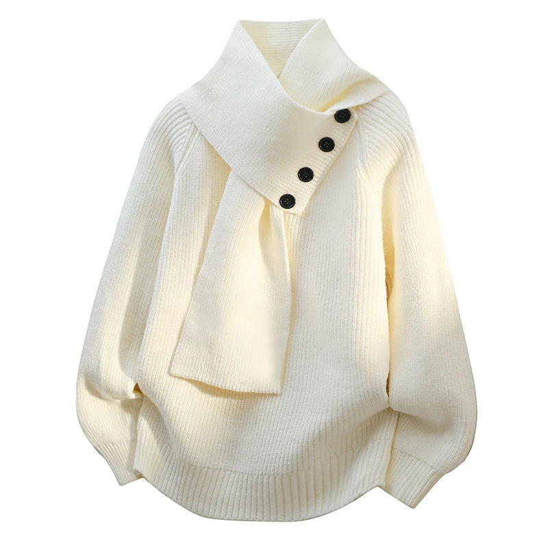 Maglione da donna in maglia a coste con collo a sciarpa e bottoni