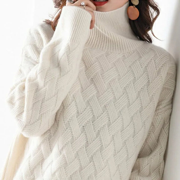 Maglione da donna a collo alto in maglia intrecciata con maniche lunghe