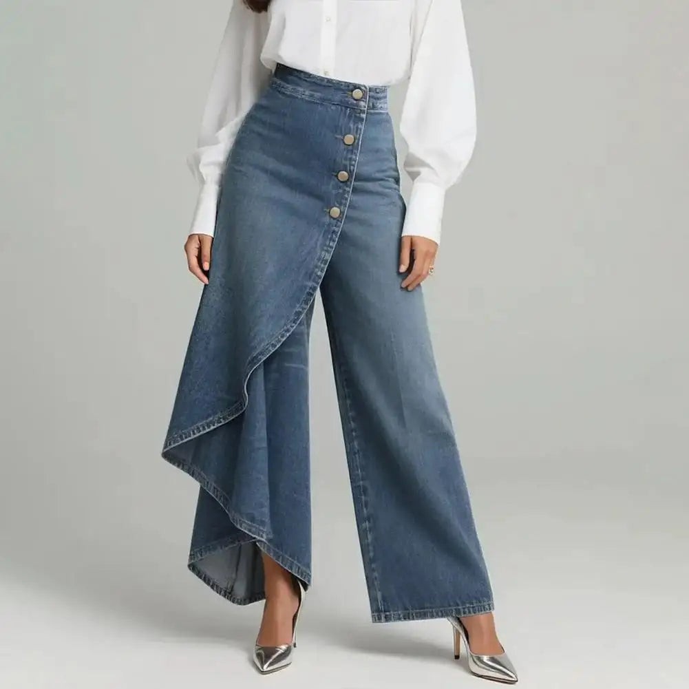 Pantaloni donna in denim ampi - vita alta e orlo asimmetrico con volant
