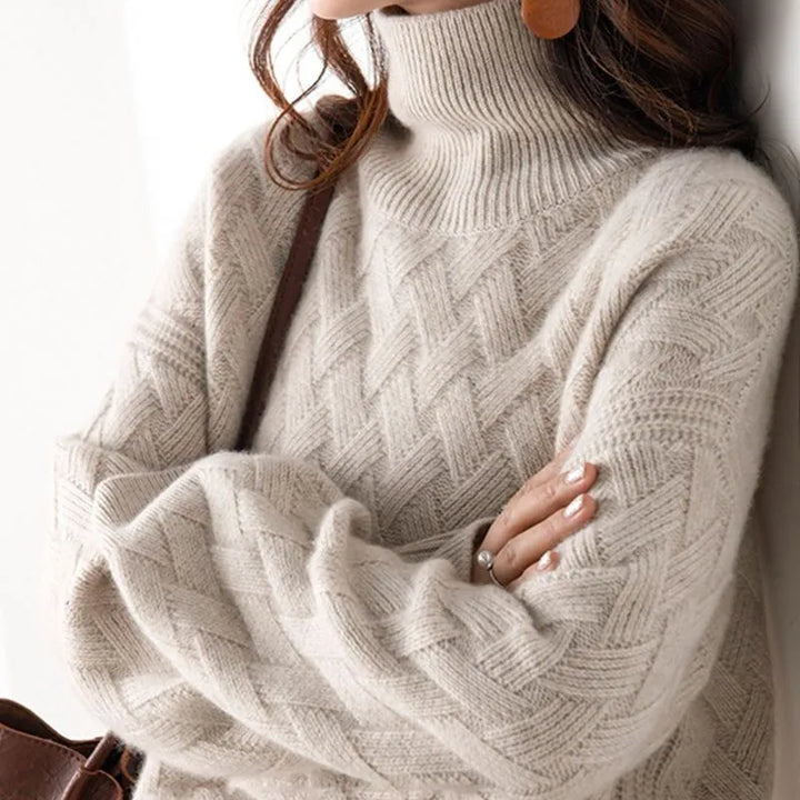 Maglione da donna a collo alto in maglia intrecciata con maniche lunghe