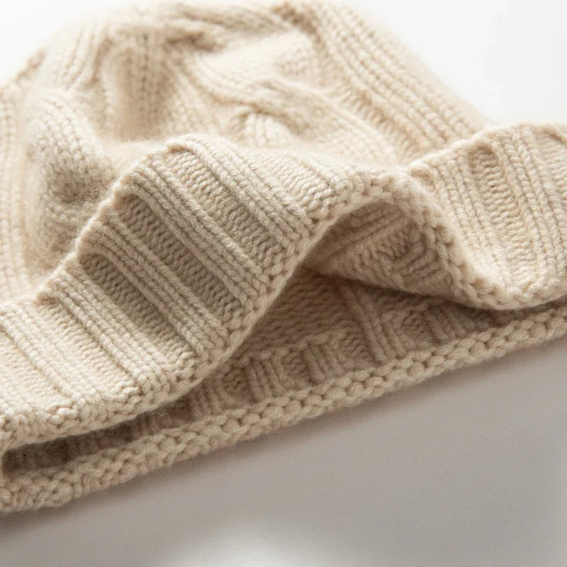 Bonnet Femme Cachemire Maille Torsadée Revers Côtelé