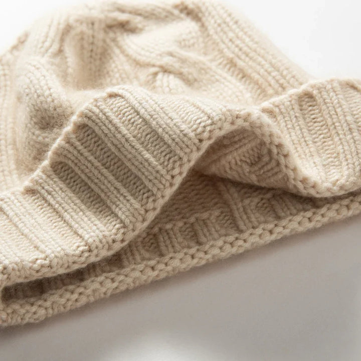 Bonnet Femme Cachemire Maille Torsadée Revers Côtelé