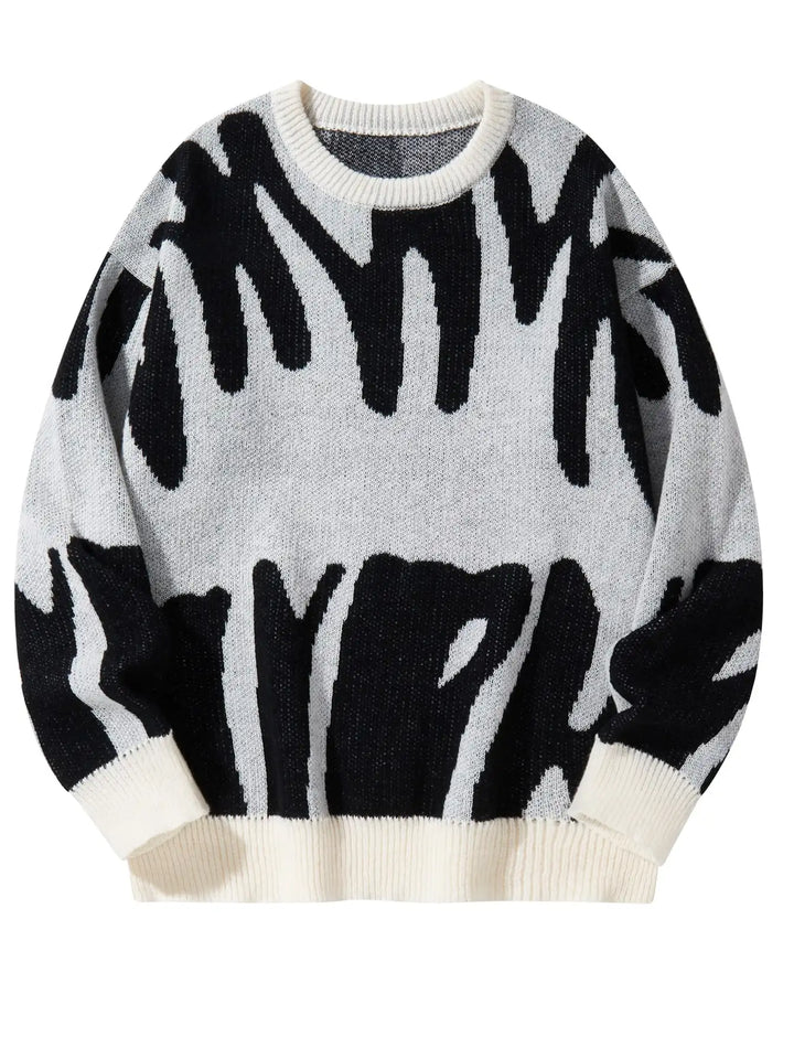 Herrenpullover mit Rundhalsausschnitt, abstraktem Muster und kontrastierendem Strick