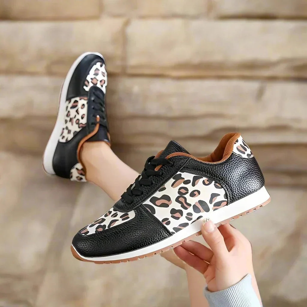 Women's leopard-print lace-up sneakers with contrast panels