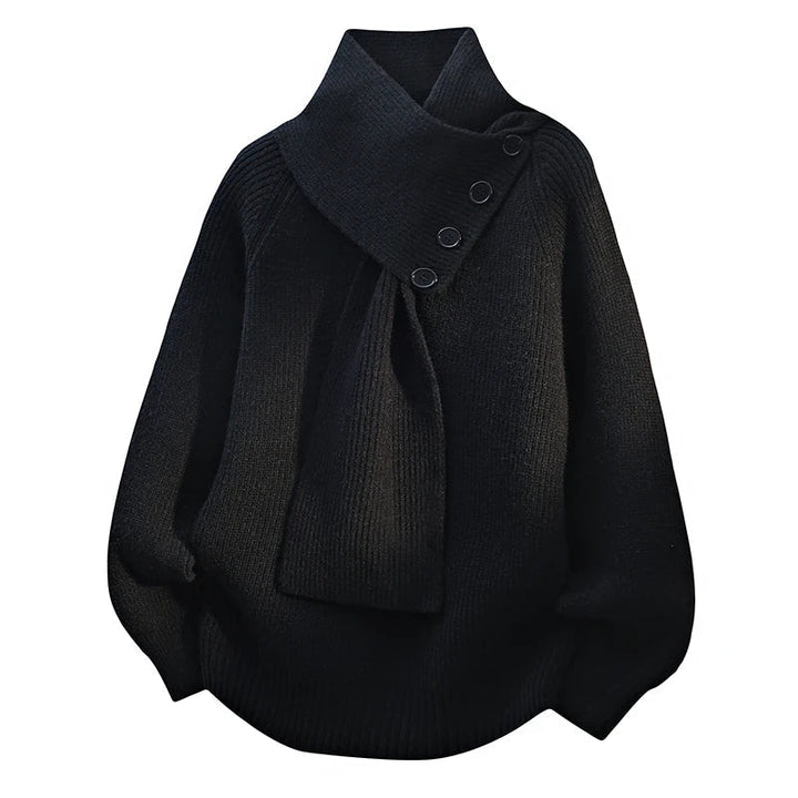Maglione da donna in maglia a coste con collo a sciarpa e bottoni