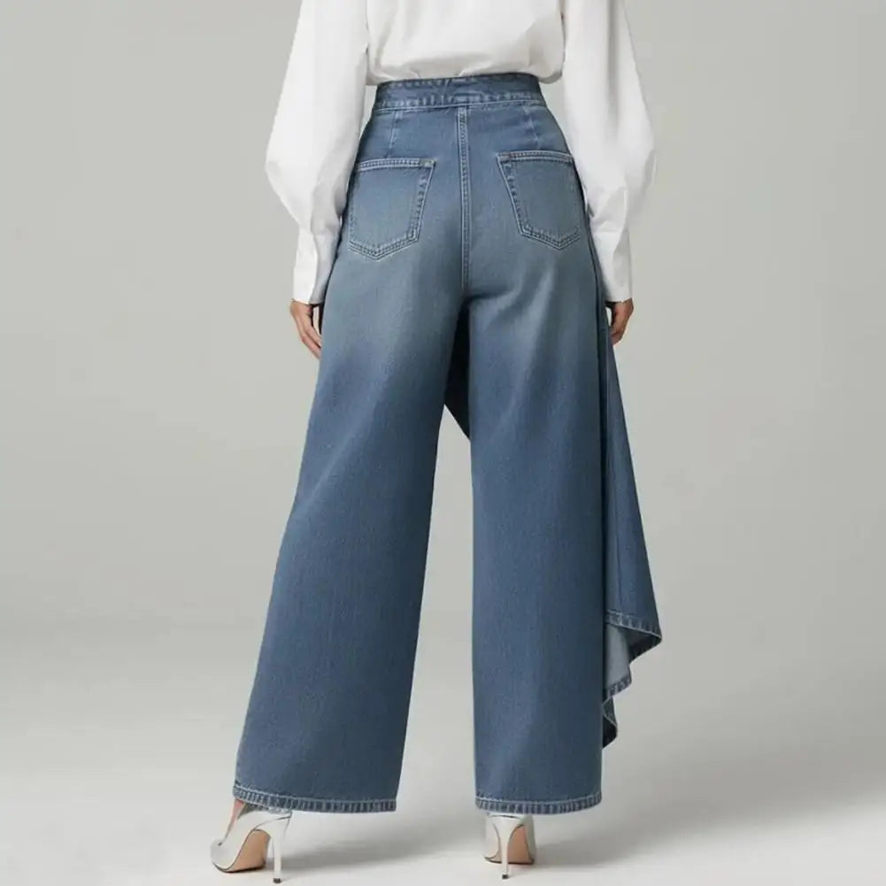 Pantaloni donna in denim ampi - vita alta e orlo asimmetrico con volant