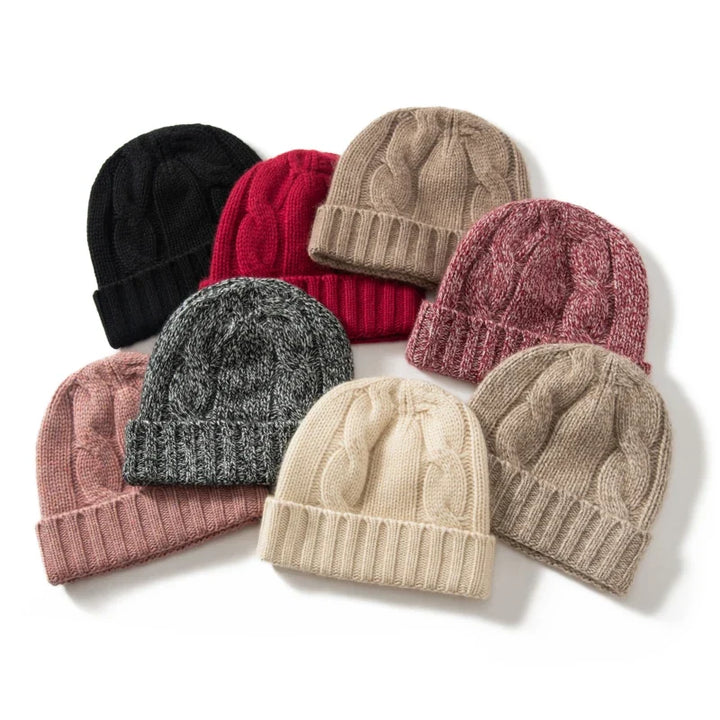 Bonnet Femme Cachemire Maille Torsadée Revers Côtelé