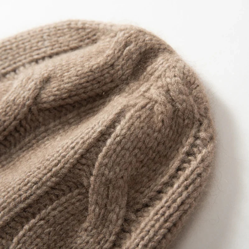Bonnet Femme Cachemire Maille Torsadée Revers Côtelé