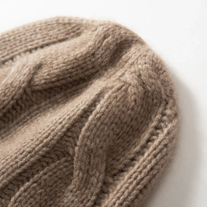 Bonnet Femme Cachemire Maille Torsadée Revers Côtelé