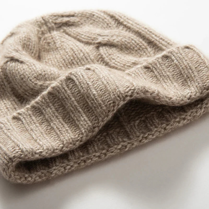 Bonnet Femme Cachemire Maille Torsadée Revers Côtelé