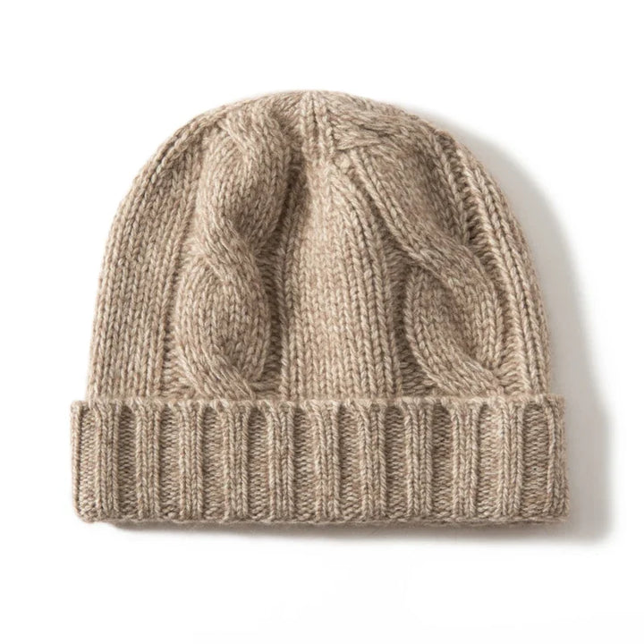 Bonnet Femme Cachemire Maille Torsadée Revers Côtelé