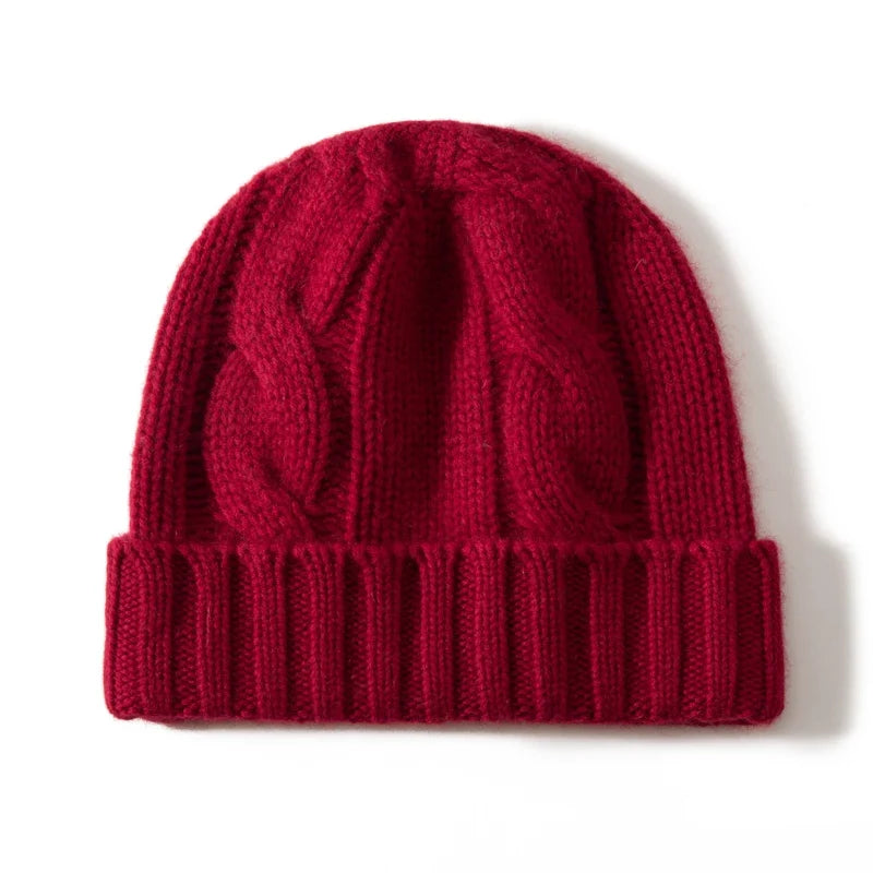 Bonnet Femme Cachemire Maille Torsadée Revers Côtelé