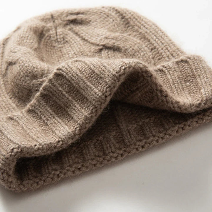 Bonnet Femme Cachemire Maille Torsadée Revers Côtelé