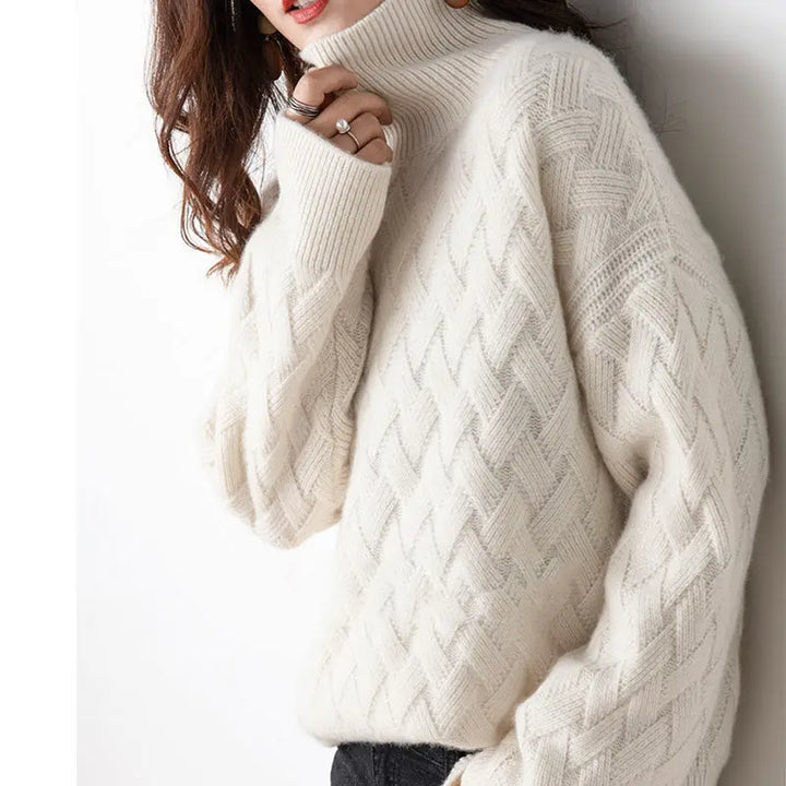 Maglione da donna a collo alto in maglia intrecciata con maniche lunghe