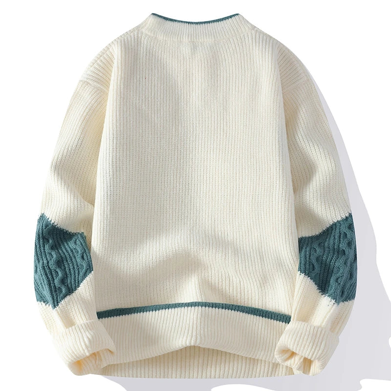 Herrenpullover mit Rundhalsausschnitt, geometrischem Muster und Zopfmusterärmeln