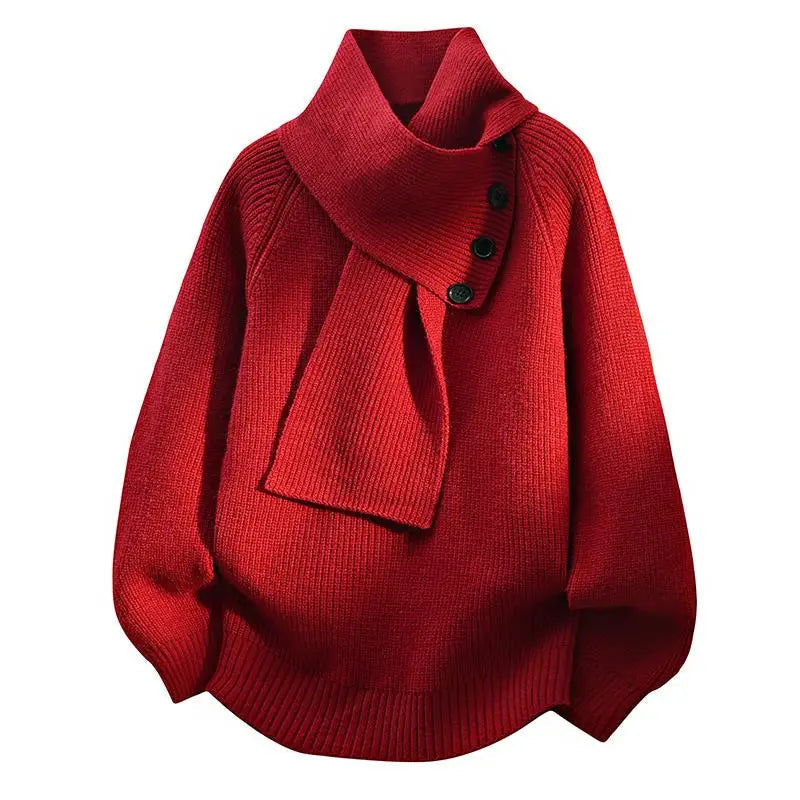 Maglione da donna in maglia a coste con collo a sciarpa e bottoni