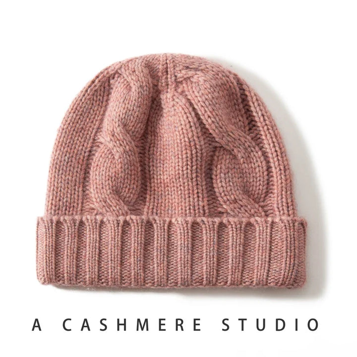 Bonnet Femme Cachemire Maille Torsadée Revers Côtelé