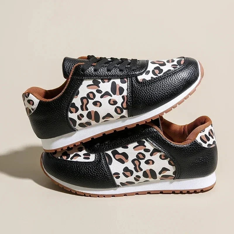 Women's leopard-print lace-up sneakers with contrast panels