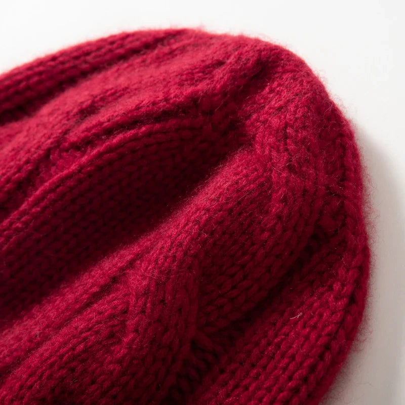 Bonnet Femme Cachemire Maille Torsadée Revers Côtelé