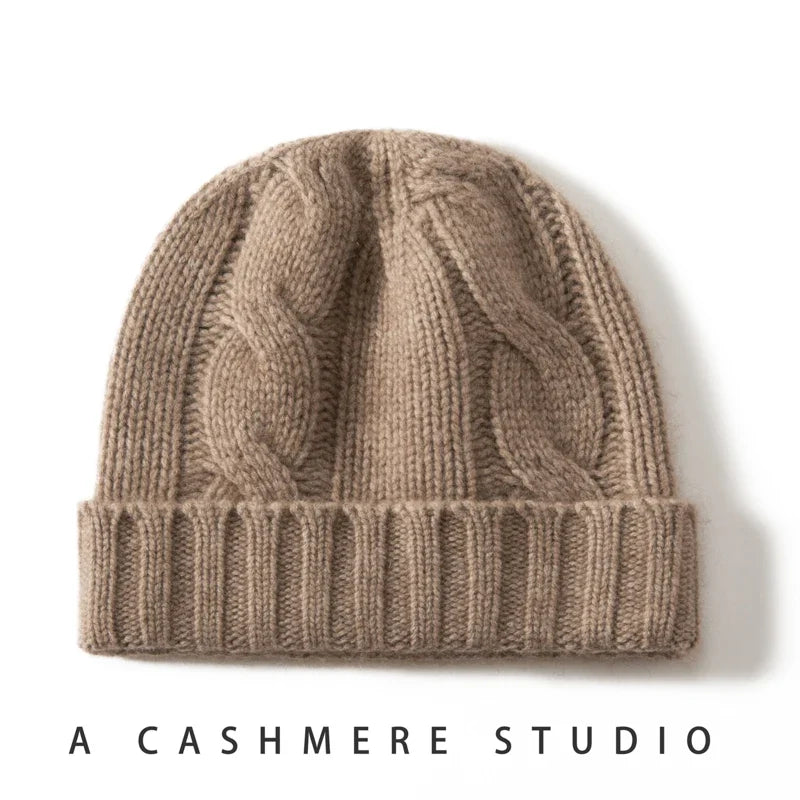 Bonnet Femme Cachemire Maille Torsadée Revers Côtelé