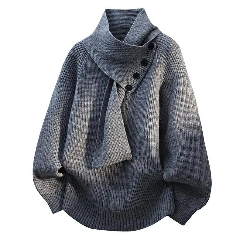 Maglione da donna in maglia a coste con collo a sciarpa e bottoni
