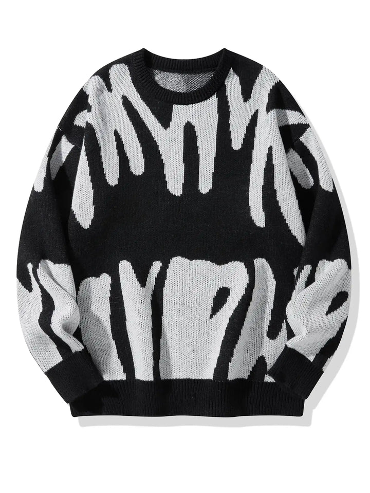 Herrenpullover mit Rundhalsausschnitt, abstraktem Muster und kontrastierendem Strick