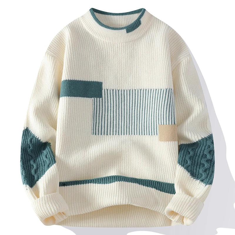 Herrenpullover mit Rundhalsausschnitt, geometrischem Muster und Zopfmusterärmeln