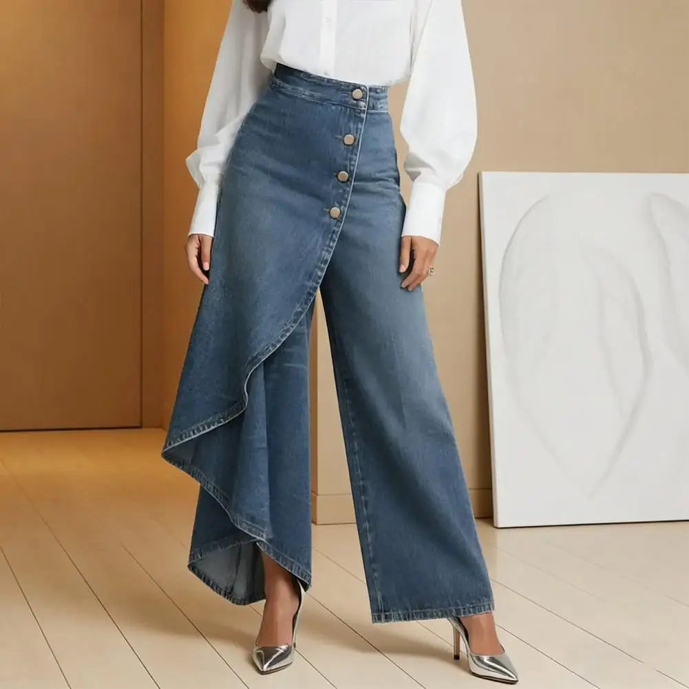 Pantaloni donna in denim ampi - vita alta e orlo asimmetrico con volant