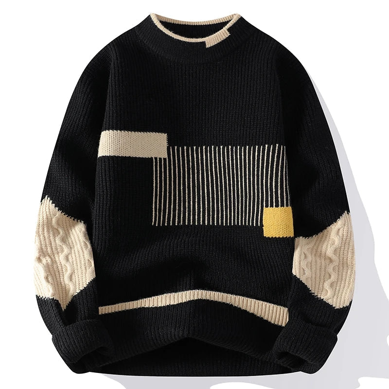Herrenpullover mit Rundhalsausschnitt, geometrischem Muster und Zopfmusterärmeln