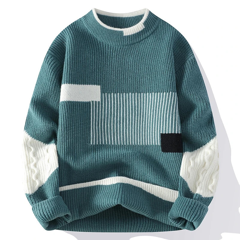 Herrenpullover mit Rundhalsausschnitt, geometrischem Muster und Zopfmusterärmeln