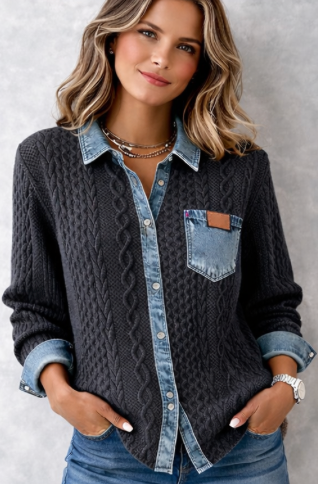 Chemise en Maille Torsadée avec Détails Denim