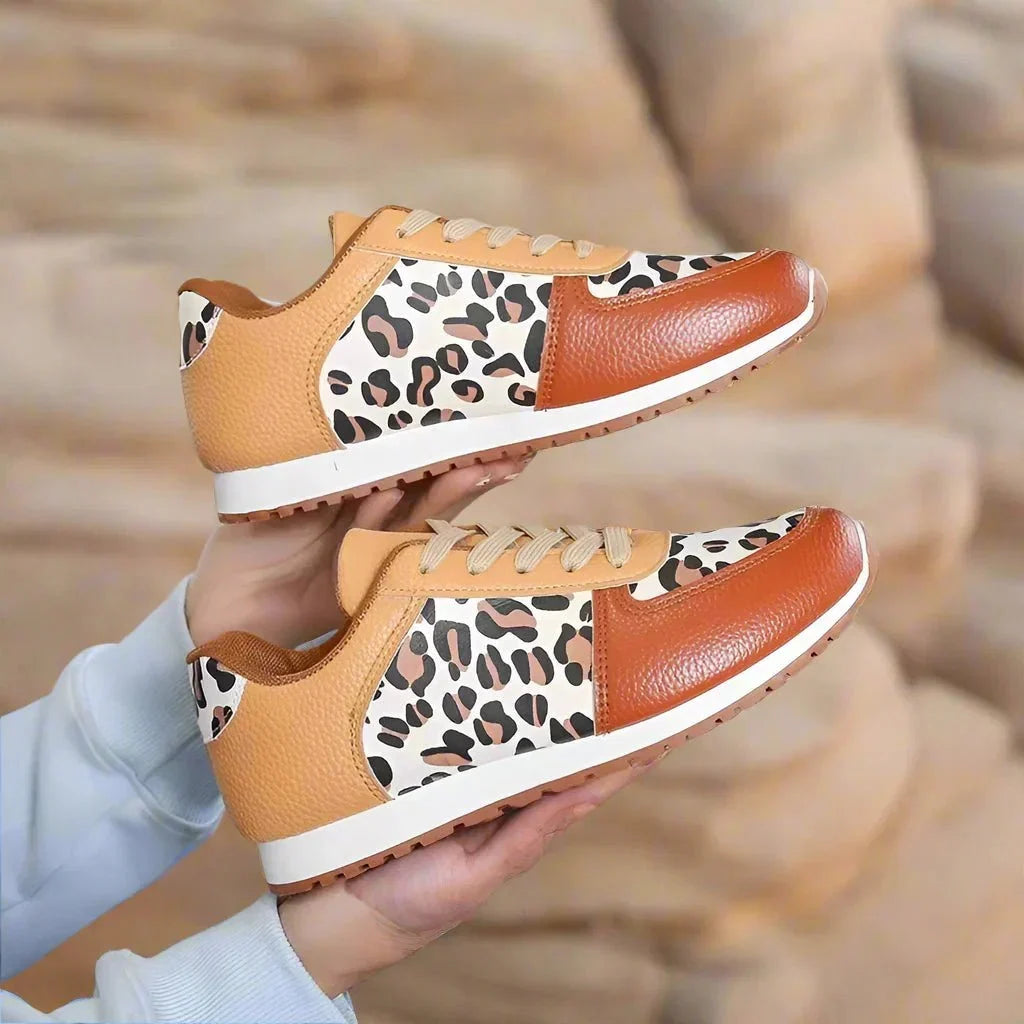 Women's leopard-print lace-up sneakers with contrast panels
