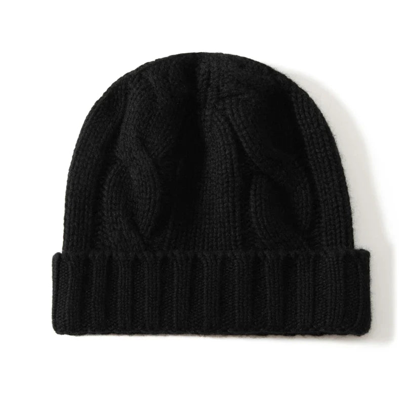 Bonnet Femme Cachemire Maille Torsadée Revers Côtelé
