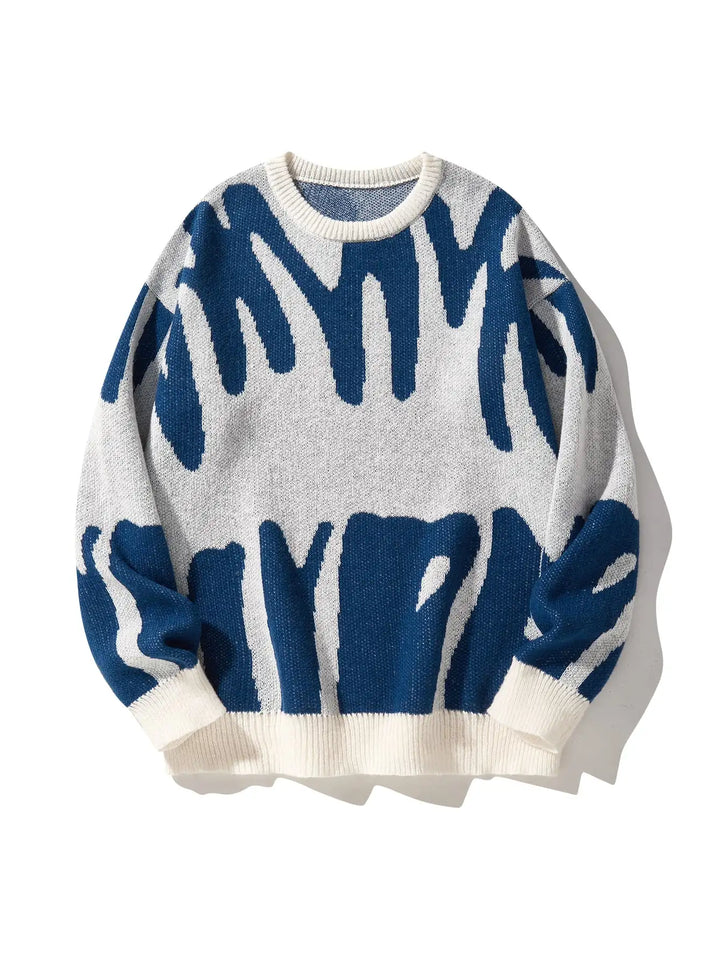 Herrenpullover mit Rundhalsausschnitt, abstraktem Muster und kontrastierendem Strick