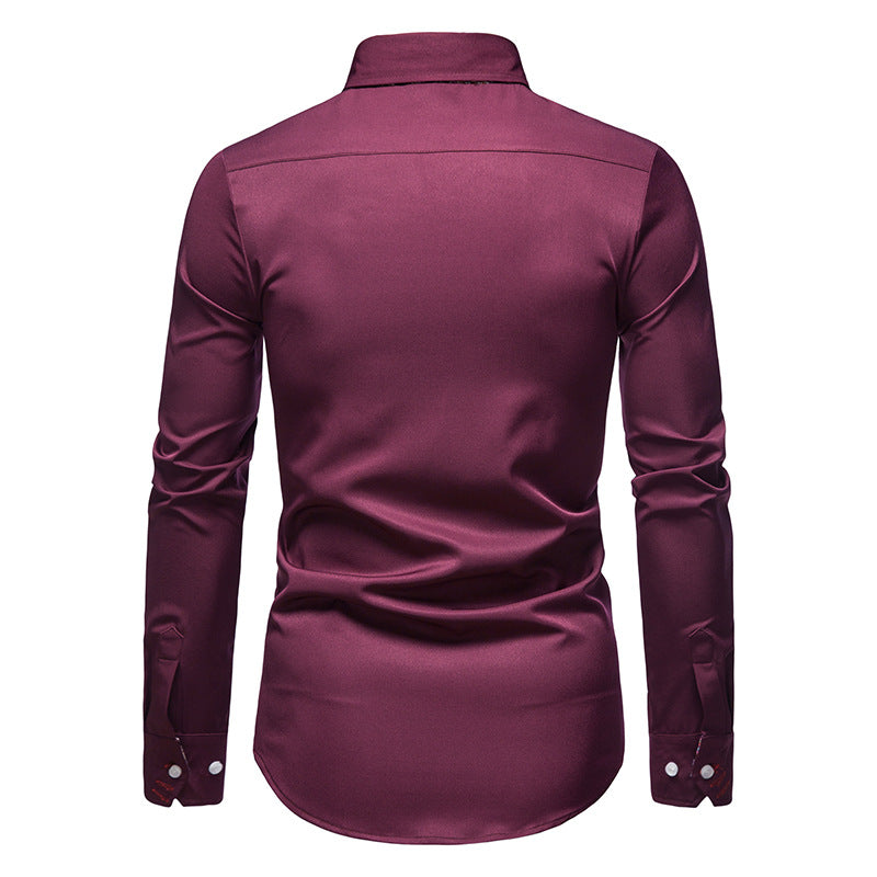 Vue de dos de la chemise d’été homme Serge tendance bordeaux à manches longues, coupe ajustée avec col classique et poignets boutonnés, présentée sur fond blanc.