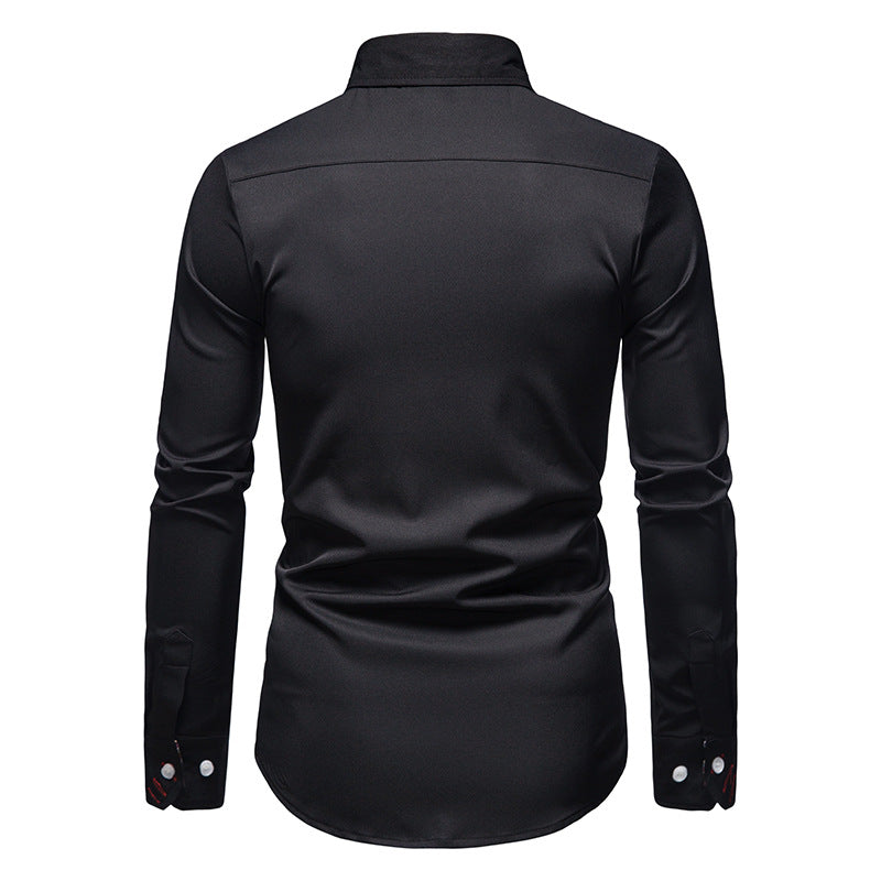 Vue de dos de la chemise d’été homme Serge tendance noire à manches longues, coupe ajustée avec col classique et poignets boutonnés, présentée sur fond blanc.
