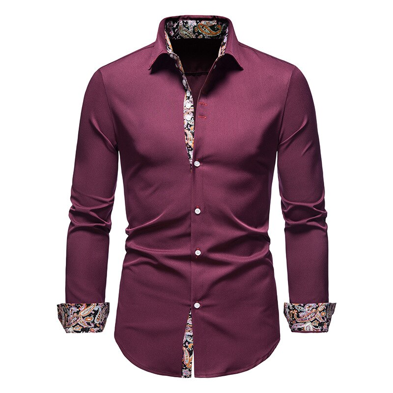 Chemise d’été homme Serge tendance bordeaux à manches longues, coupe ajustée avec boutons blancs et détails imprimés colorés à l’intérieur du col, de la patte et des poignets, sur fond blanc.