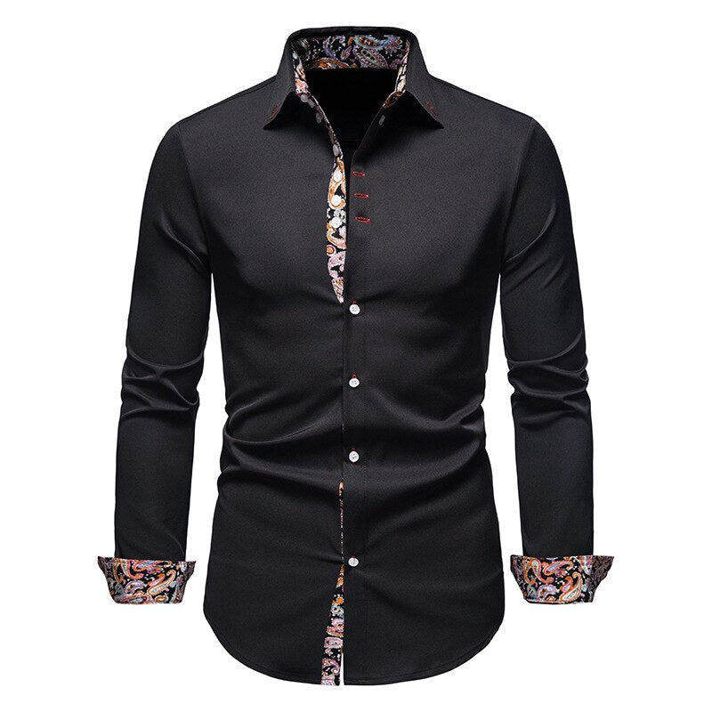 Chemise d’été homme Serge tendance noire à manches longues, coupe ajustée avec boutons blancs et détails imprimés colorés à l’intérieur du col, de la patte et des poignets, présentée sur fond blanc.