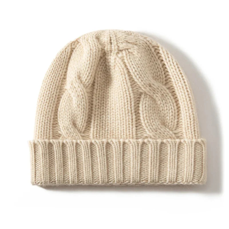 Bonnet Femme Cachemire Maille Torsadée Revers Côtelé