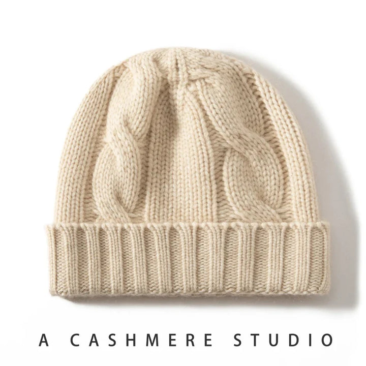 Bonnet Femme Cachemire Maille Torsadée Revers Côtelé