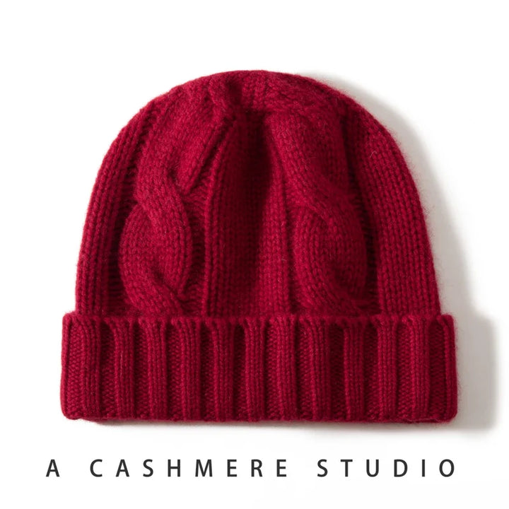 Bonnet Femme Cachemire Maille Torsadée Revers Côtelé